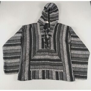 Molina Baja Hoodie Men's Large Black Gray Drug Rug Striped Woven Pullover Poncho